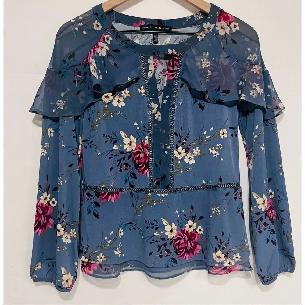White House Black Market Long Sleeve Blue Floral Blouse   Size XXS